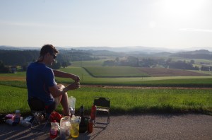 Breakfast pre border crossing. The hills look small in the distance, a trick of the light!