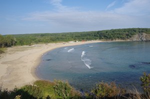 Silistar beach with our little green tent middle left